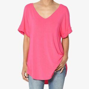 Luxe Rayon V-Neck Rolled Cuffed Short Sleeve Dolphin Hem Top T-shirt - Hot Pink